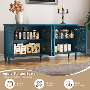 Hollow Carved Wood Accent Cabinet with 4 Doors