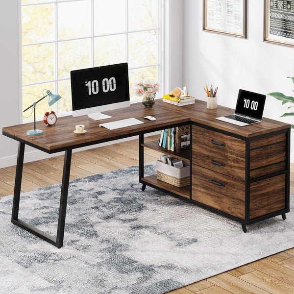 Reversible L-Shaped Computer Desk with Drawers & Shelves