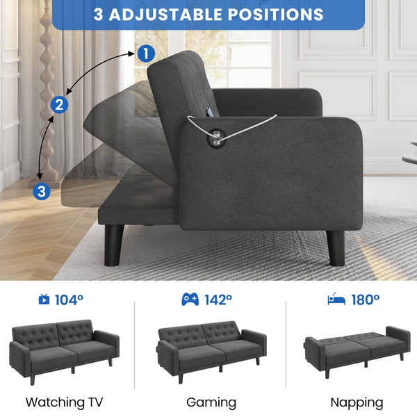63" Convertible Futon Sofa Bed with USB Ports & Reclining Backrest