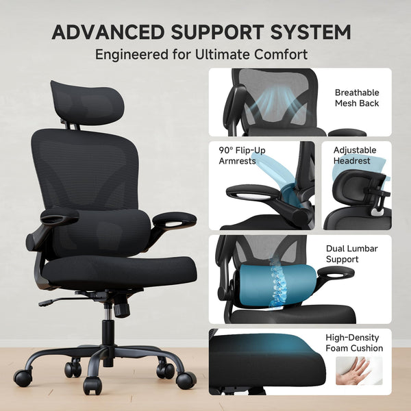 Ergonomic Office Chair 330LBS with Lumbar Support & Flip-Up Armrests