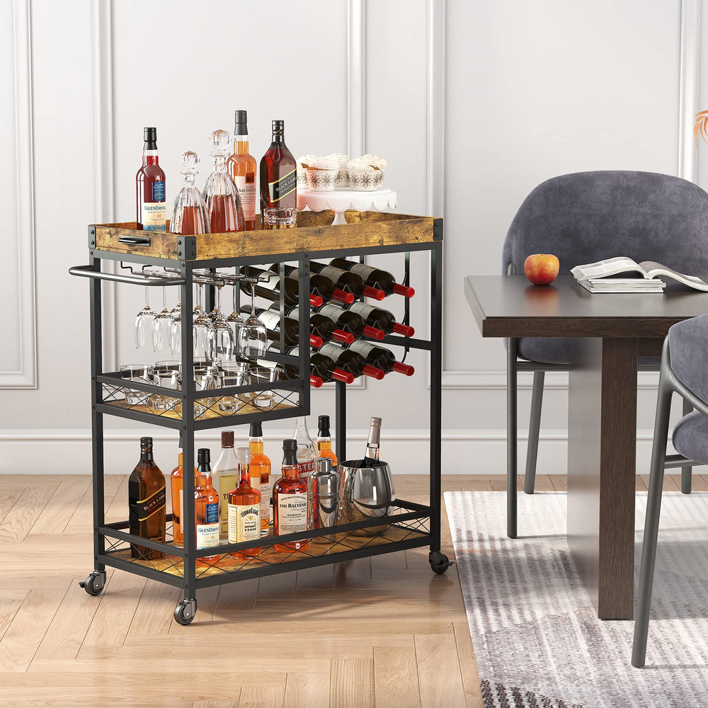 3-Tier Bar Cart with Wine Rack & Removable Tray
