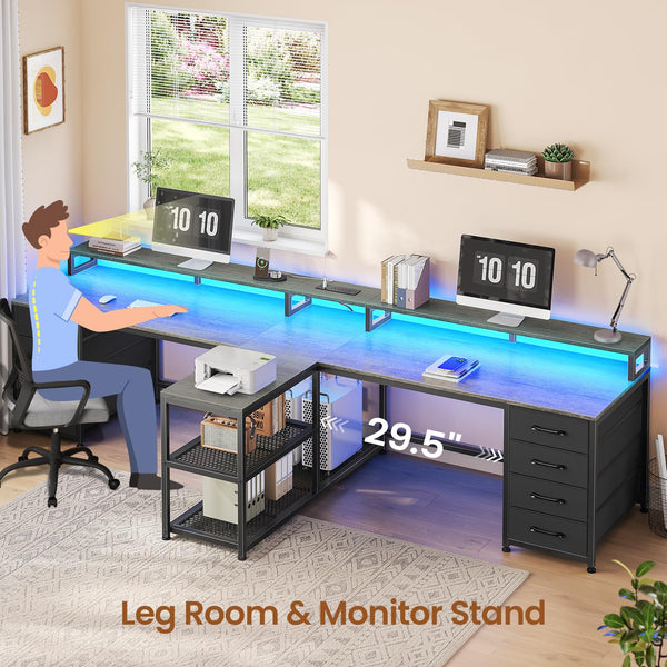 94.5" 2-Person Desk with Drawers, LED Lights, Monitor Stand & Power Strip