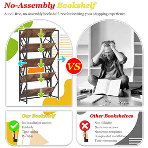 5-Tier Folding Bookshelf, No-Assembly Industrial Storage Shelves