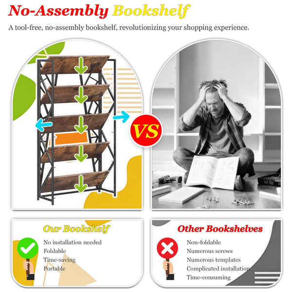 5-Tier Folding Bookshelf, No-Assembly Industrial Storage Shelves