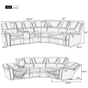 5-Seat Manual Reclining Sectional Sofa with LED Strip & Storage Console