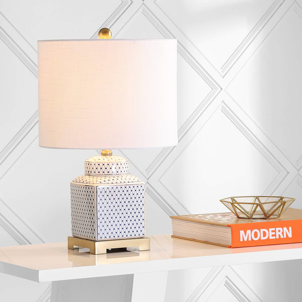 Ceramic Ginger Jar LED Table Lamp – Chinoiserie Fishnet Pattern, Linen Shade