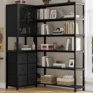 L-Shaped Corner Bookshelf with Fabric Drawers