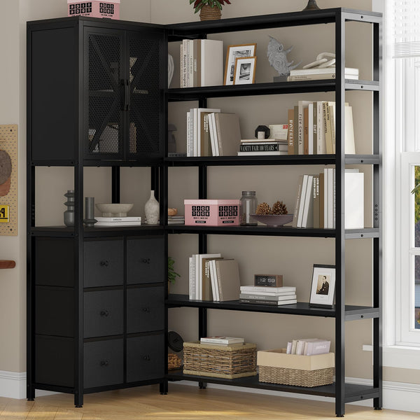L-Shaped Corner Bookshelf with Fabric Drawers