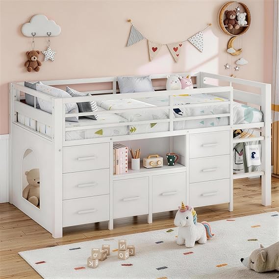 Twin Low Loft Bed with 8 Storage Drawers & Bookcase