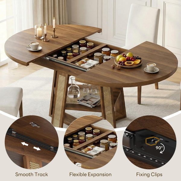 Extendable Round Dining Table with Storage Shelf — Seats 4–8
