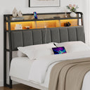 Upholstered Headboard with LED Light, Storage & Charging Station