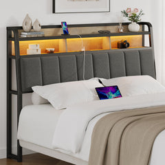 Upholstered Headboard with LED Light, Storage & Charging Station
