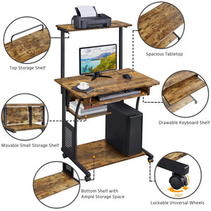 3-Tier Rolling Computer Desk with Keyboard Tray & Printer Shelf