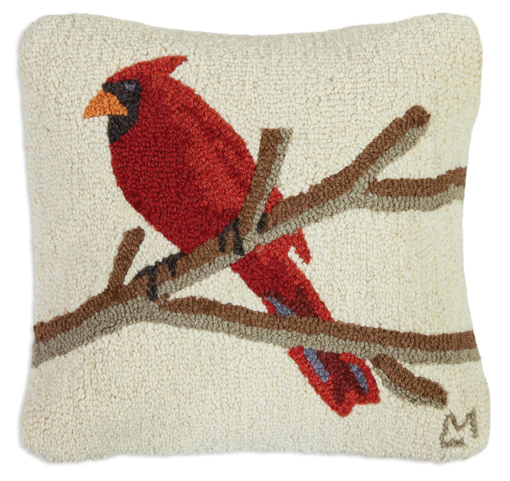 Hand-Hooked Wool Cardinal Throw Pillow 18x18