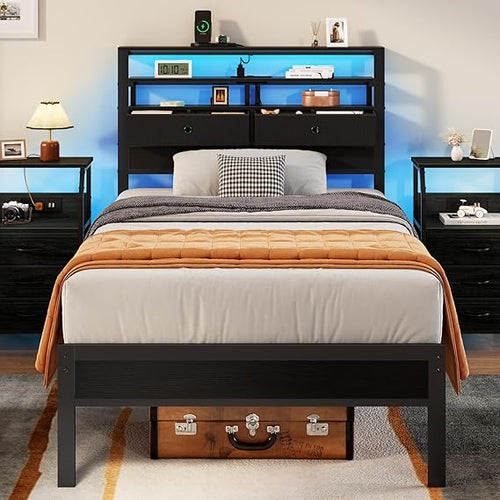 Platform Bed Frame with LED Lights, Charging Station & Storage Headboard