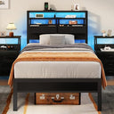 LED Bed Frame with Charging Station & Storage Headboard