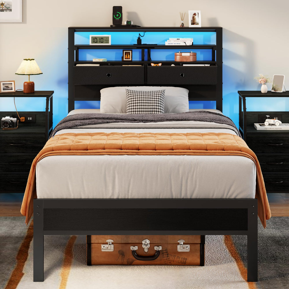 Platform Bed Frame with LED Lights, Charging Station & Storage Headboard