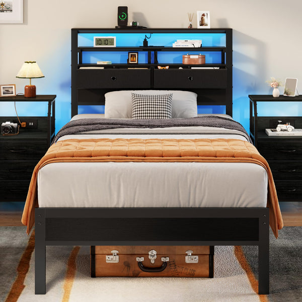Platform Bed Frame with LED Lights, Charging Station & Storage Headboard