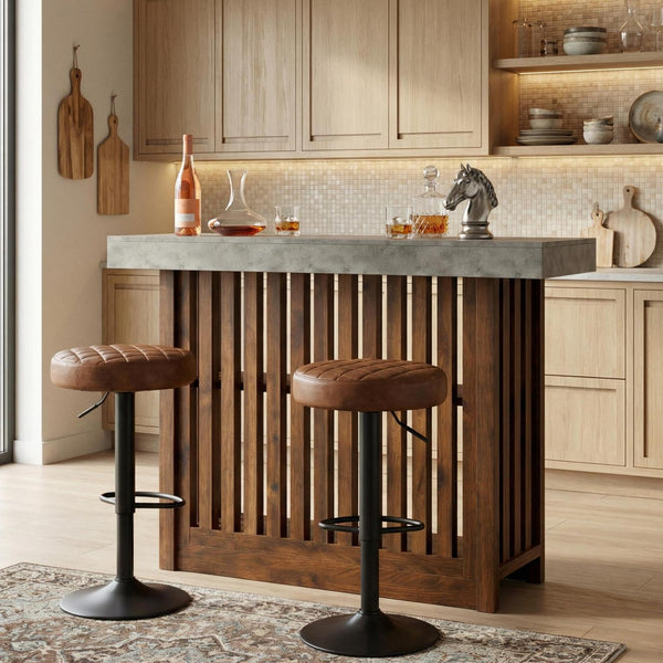 Modern Bar Table with Faux Marble Top & Storage Shelves