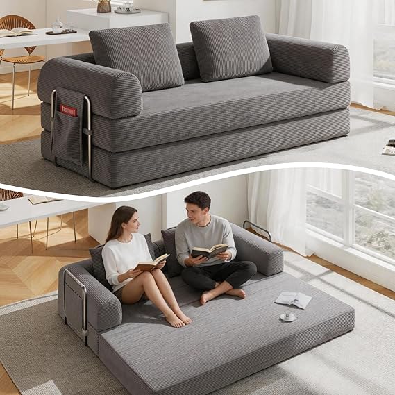 Convertible Sofa Bed with Side Pocket & Corduroy Fabric
