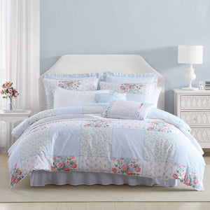 Queen Comforter Set 7-Piece Patchwork Floral Blue
