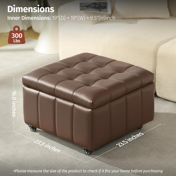 Square Storage Ottoman with Wheels & Faux Leather Lid