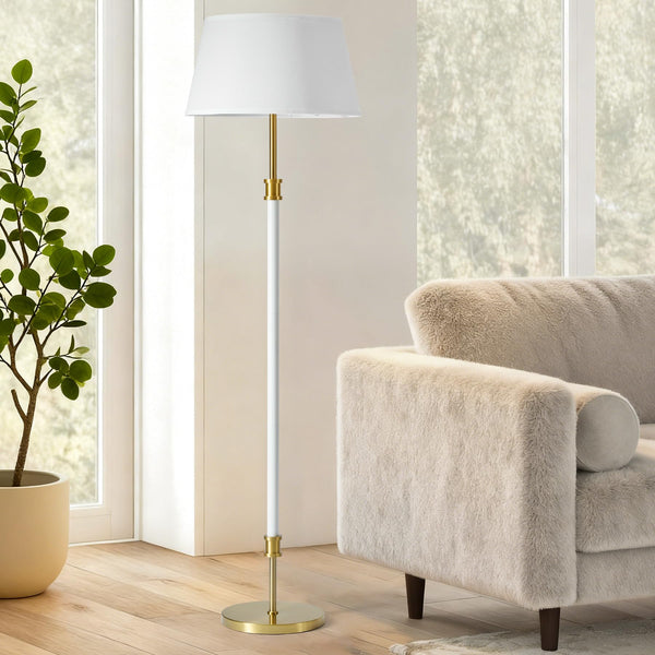 Mid-Century Floor Lamp with Linen Shade – 63" Tall, White & Brass