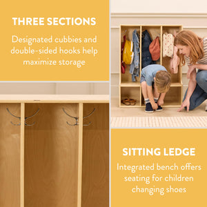 Kids Coat Locker with Bench – 3-Section Wooden Storage Organizer