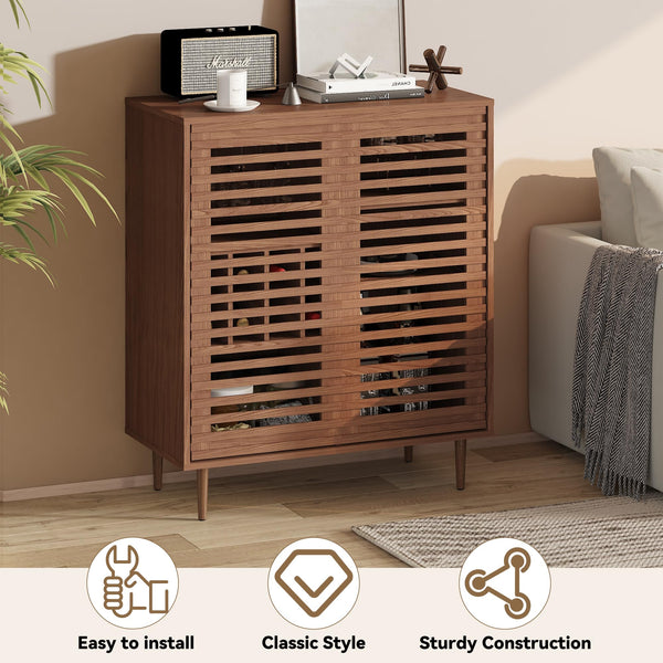 Mid-Century Bar Cabinet with Wine Rack & Slatted Doors