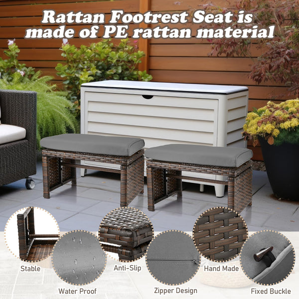 Outdoor Wicker Patio Ottoman Set of 2 with Removable Cushions