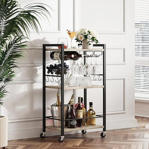 3-Tier Bar Cart with Wine Rack, Glass Holder & S-Hooks