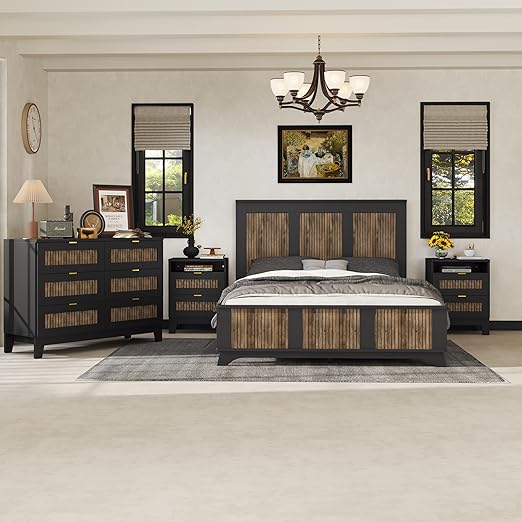 4-Piece Queen Bedroom Set – Farmhouse Platform Bed with Storage