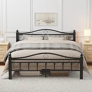 Metal Platform Bed Frame with Vintage Headboard