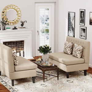 Mid-Century Modern Upholstered Settee Bench – Linen Fabric, Button Tufted, Khaki