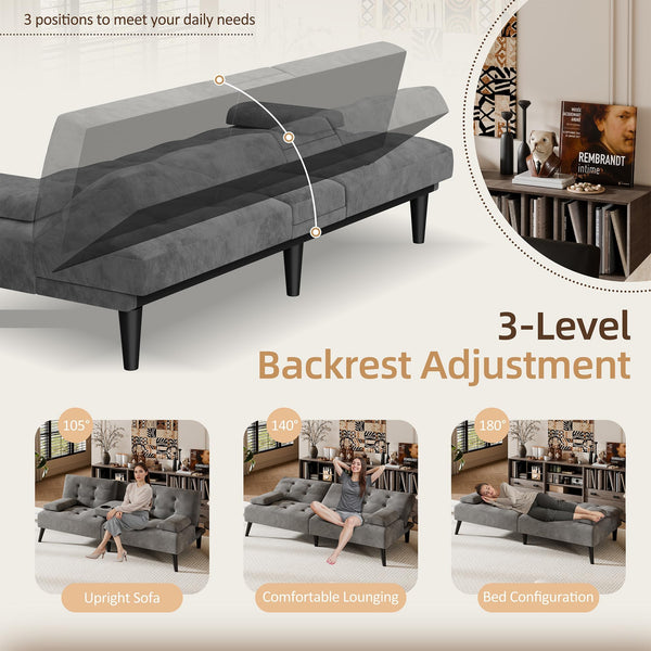 Velvet Futon Loveseat Sofa Bed with Adjustable Backrest