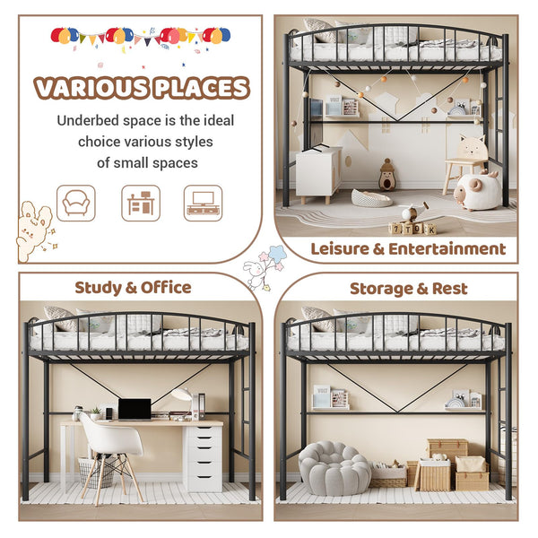 Twin Metal Loft Bed Frame with Guardrail and Safety Ladder