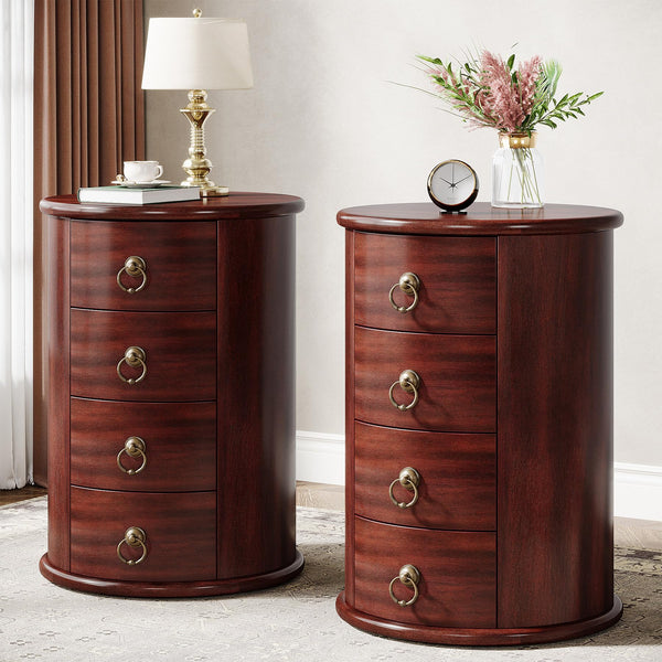 Round Solid Wood Side Table with 4 Drawers – Set of 2
