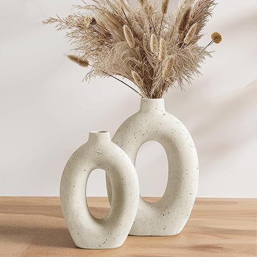 Ceramic Donut Vase Set of 2 – 10.5" & 8.5" Hollow Sculptural Flower Vases
