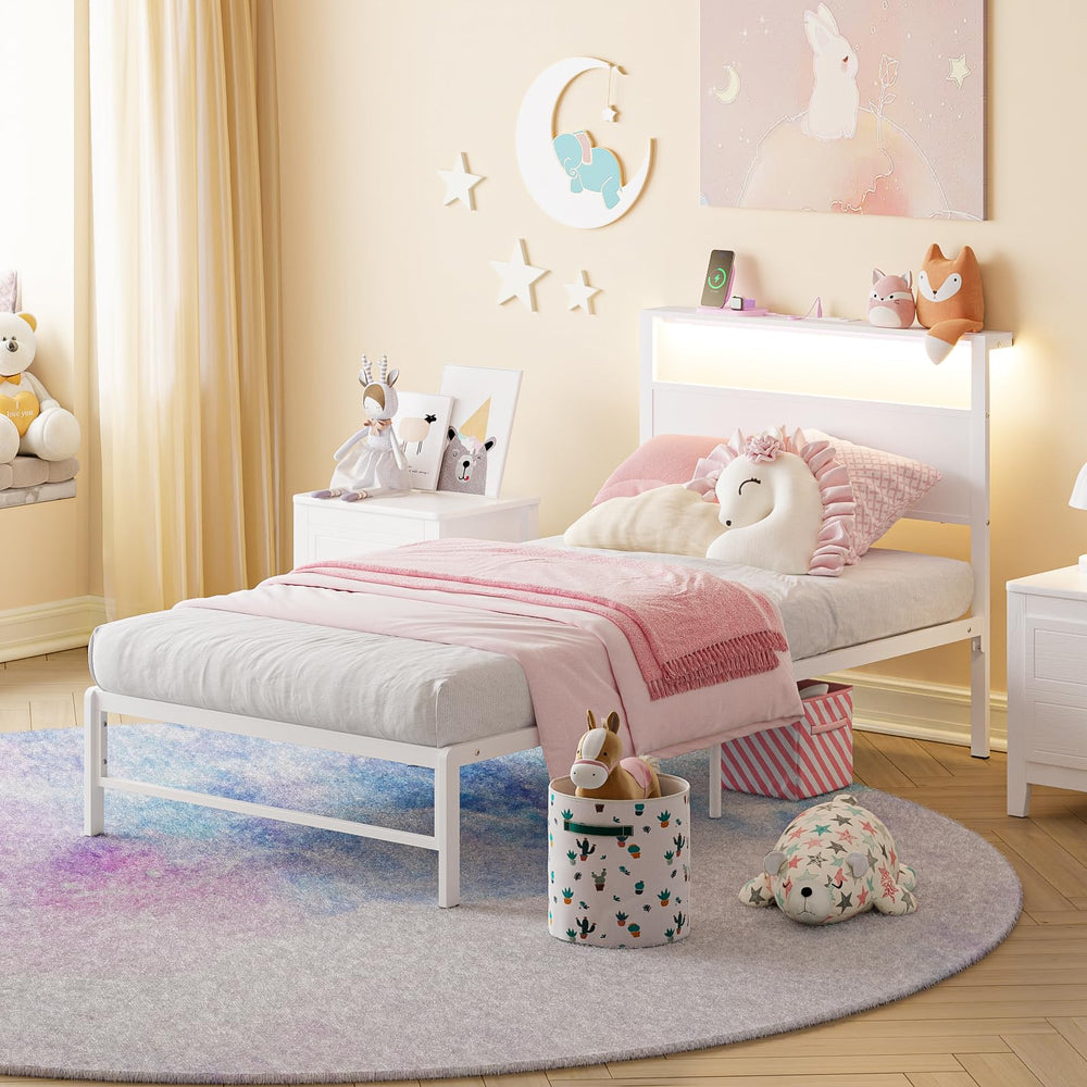 Twin Bed Frame with Headboard Shelf, RGB LED Light & Charging Station