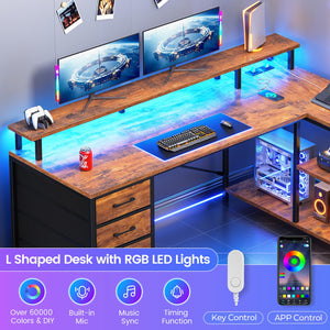 L-Shaped Desk with Drawers, LED Lights & Power Outlets