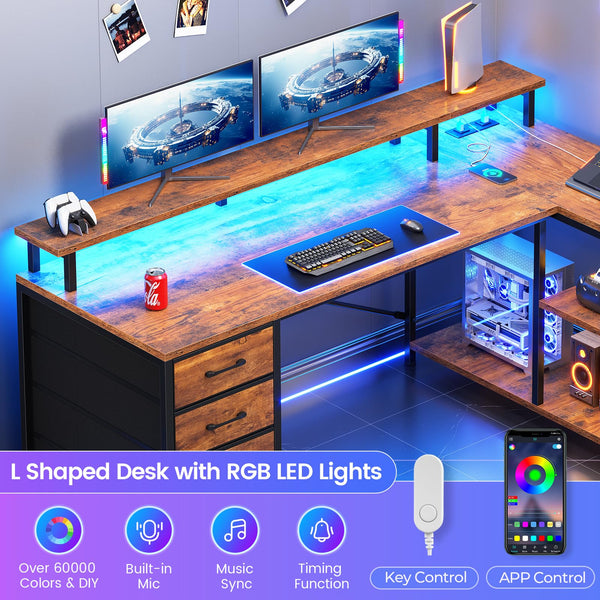 L-Shaped Desk with Drawers, LED Lights & Power Outlets