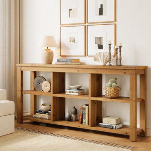 63-Inch Solid Wood Console Table with 6 Storage Cubes