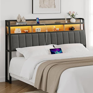 Upholstered Headboard with LED Light, Storage & Charging Station