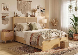 Rattan Platform Bed Frame with LED Lights & Storage