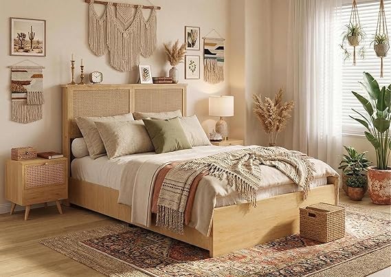 Rattan Platform Bed Frame with LED Lights & Storage