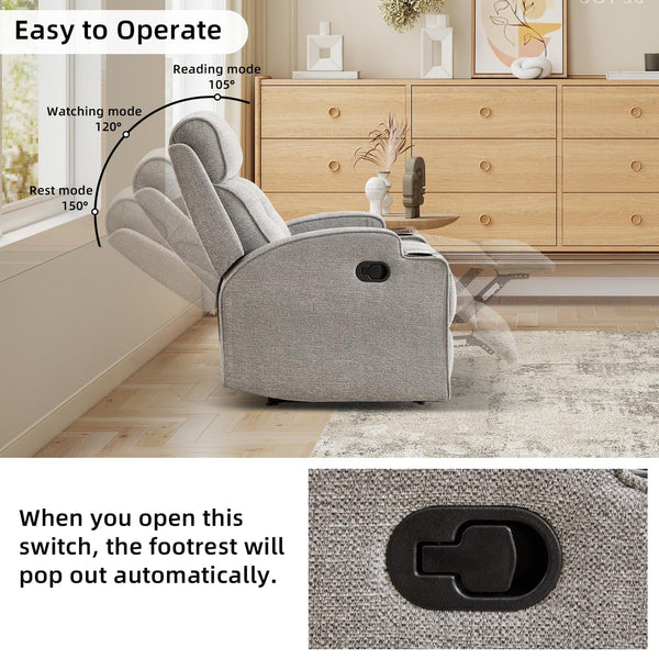 Manual Recliner Chair with Cup Holders & Overstuffed Back