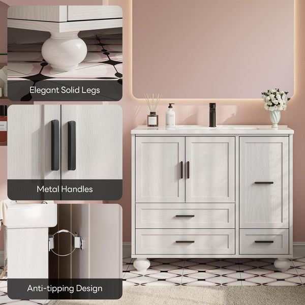 36" Bathroom Vanity with Sink and Hair Tool Drawer – 4 Drawers, 2 Doors, Undermount SMC Sink, White