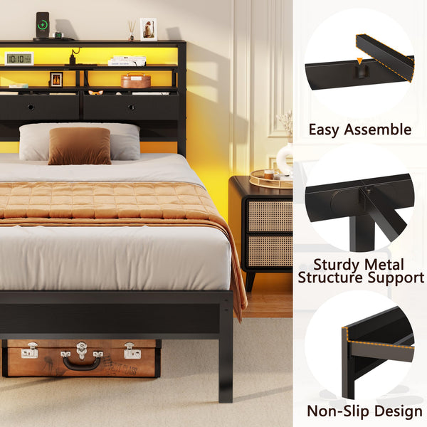 Platform Bed Frame with LED Lights, Charging Station & Storage Headboard