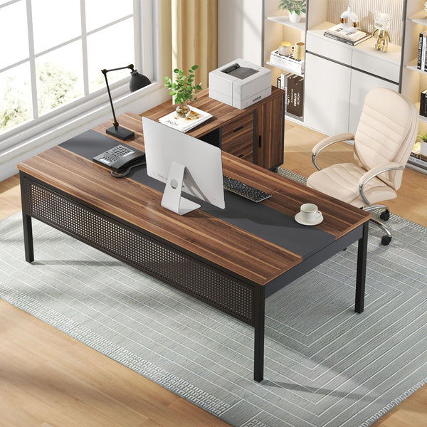 L-Shaped Executive Desk with Mobile File Cabinet & Storage Shelves