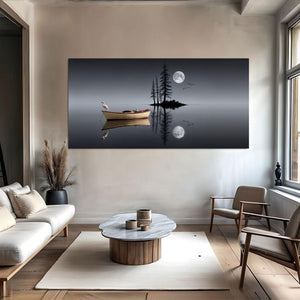 Moonlit Lake Canvas Wall Art – Night Landscape with Boat & Full Moon